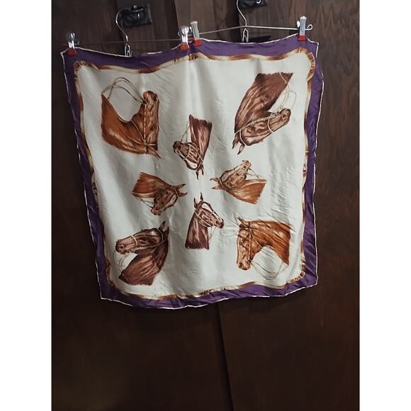 Vintage Silk Horse Scarf Horse's prints equestrian purple brown purple square - Picture 7 of 10